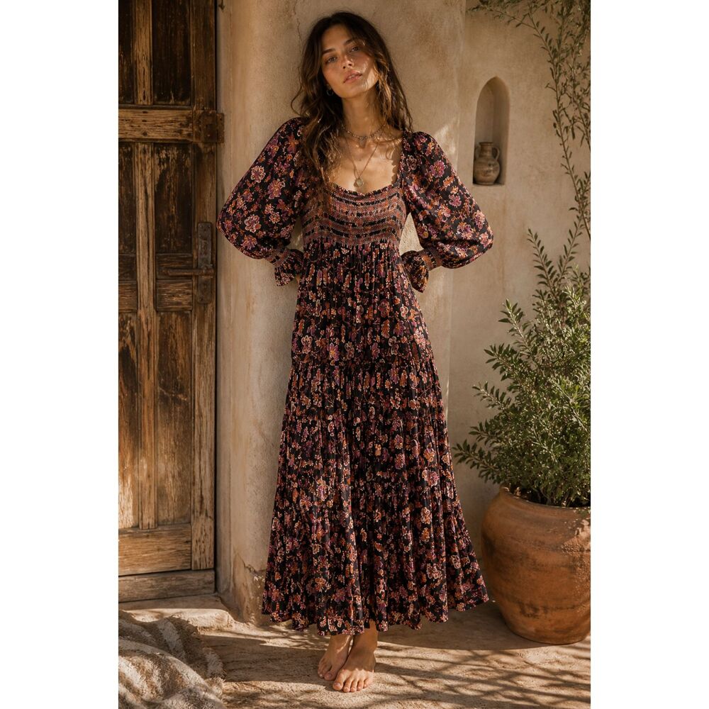 Free People Black Pink Floral Smocked Puff Sleeve Boho Maxi Dress  Women's Sz XS
